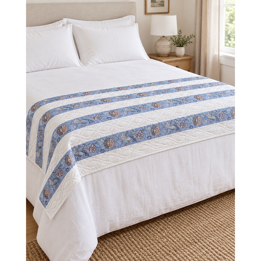 Blue Floral Stripe Quilted Twin Bedspread Bed Scarf 60x88 Cottagecore
